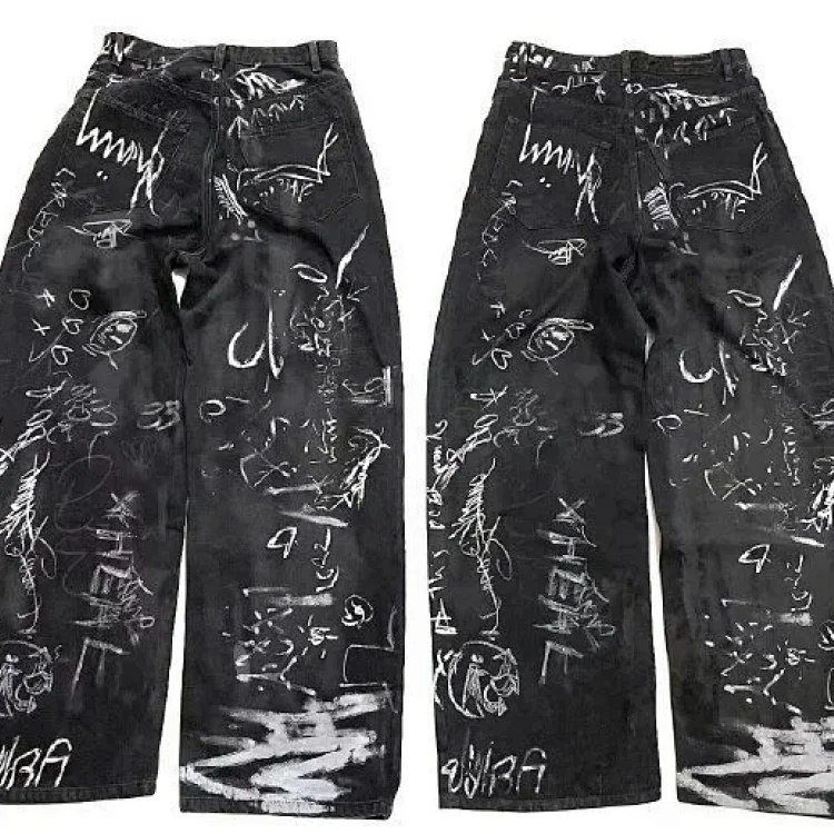 Balenciaga Parisian style hand-painted graffiti washed couple casual denim trousers
